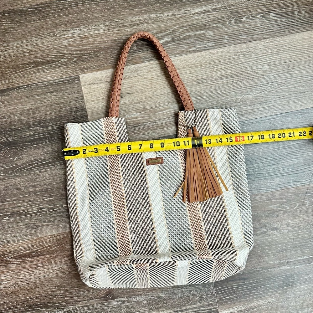 Elegant Striped Tote Bag in Cream and Brown - Picture 3 of 7
